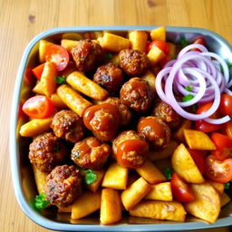 A beautifully arranged serving tray featuring finger-shaped kofta, golden fried potatoes, vibrant red tomatoes, and sliced onions, all drizzled with a rich and flavorful sauce