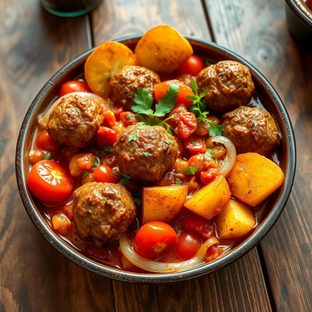 A delicious Lebanese-style meatball dish known as 'Kofta Tajine' featuring juicy kofta fingers made of minced meat seasoned with aromatic spices