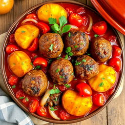 A delicious Lebanese-style meatball dish known as 'Kofta Tajine' featuring juicy kofta fingers made of minced meat seasoned with aromatic spices