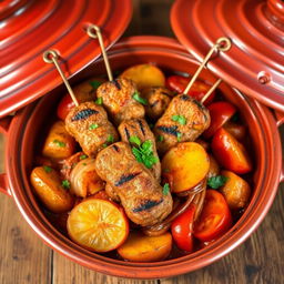 A beautifully styled traditional Morrocan dish featuring grilled kofta fingers (kofta skewers) arranged elegantly in a colorful clay tagine