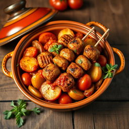 A beautifully styled traditional Morrocan dish featuring grilled kofta fingers (kofta skewers) arranged elegantly in a colorful clay tagine