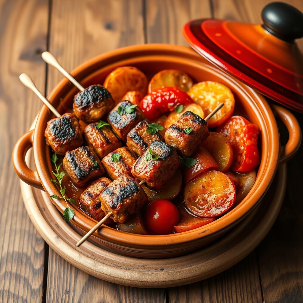 A beautifully styled traditional Morrocan dish featuring grilled kofta fingers (kofta skewers) arranged elegantly in a colorful clay tagine