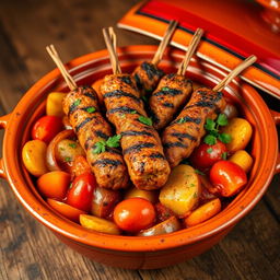 A beautifully styled traditional Morrocan dish featuring grilled kofta fingers (kofta skewers) arranged elegantly in a colorful clay tagine
