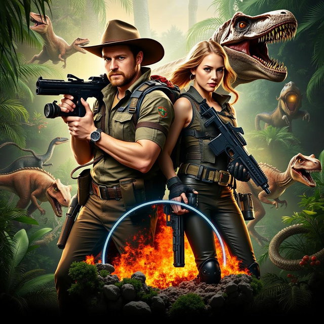 A dramatic action scene in a dense, prehistoric jungle, featuring two heroic characters