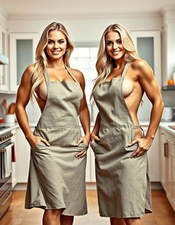 A photorealistic and highly detailed image of two muscular, long-haired blonde women in a bright, inviting kitchen
