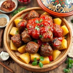 A delicious and inviting dish of grilled kofta tagine, featuring succulent kofta meatballs perfectly shaped and roasted, surrounded by tender potatoes, juicy tomatoes, and caramelized onions