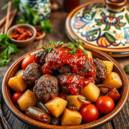 A delicious and inviting dish of grilled kofta tagine, featuring succulent kofta meatballs perfectly shaped and roasted, surrounded by tender potatoes, juicy tomatoes, and caramelized onions