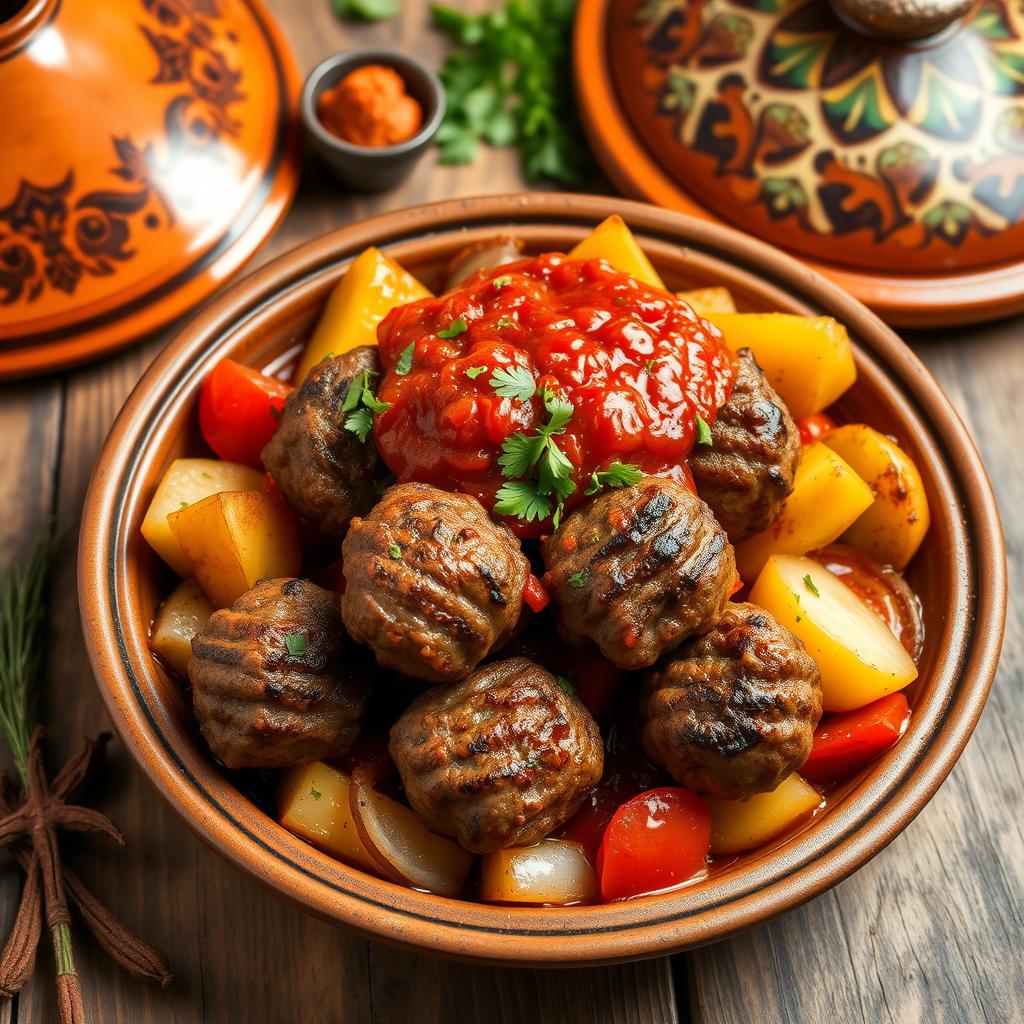 A delicious and inviting dish of grilled kofta tagine, featuring succulent kofta meatballs perfectly shaped and roasted, surrounded by tender potatoes, juicy tomatoes, and caramelized onions