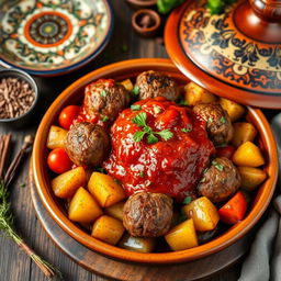 A delicious and inviting dish of grilled kofta tagine, featuring succulent kofta meatballs perfectly shaped and roasted, surrounded by tender potatoes, juicy tomatoes, and caramelized onions