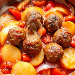 A traditional Middle Eastern dish of savory kofta (meatballs) baked in a deep oven dish with layers of sliced potatoes, ripe tomatoes, and onions, all coated in a rich tomato sauce
