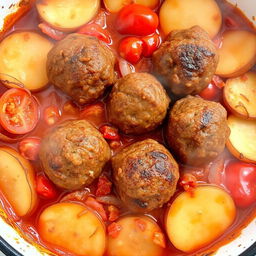 A traditional Middle Eastern dish of savory kofta (meatballs) baked in a deep oven dish with layers of sliced potatoes, ripe tomatoes, and onions, all coated in a rich tomato sauce