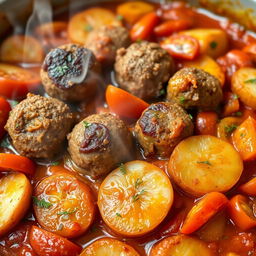 A traditional Middle Eastern dish of savory kofta (meatballs) baked in a deep oven dish with layers of sliced potatoes, ripe tomatoes, and onions, all coated in a rich tomato sauce