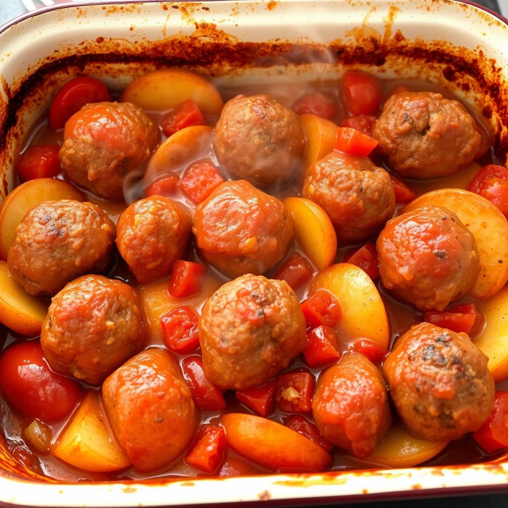 A traditional Middle Eastern dish of savory kofta (meatballs) baked in a deep oven dish with layers of sliced potatoes, ripe tomatoes, and onions, all coated in a rich tomato sauce