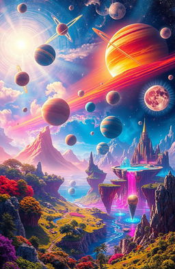 A surreal landscape featuring a vibrant multiverse, showcasing different dimensions with various colorful planets, cosmic phenomena, and extraordinary landscapes