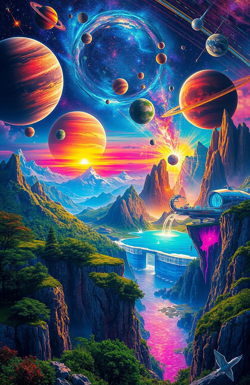A surreal landscape featuring a vibrant multiverse, showcasing different dimensions with various colorful planets, cosmic phenomena, and extraordinary landscapes
