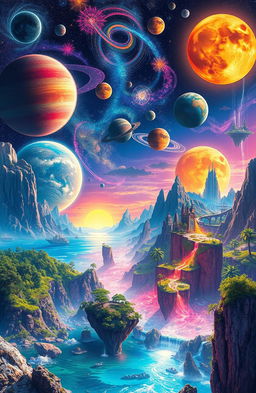 A surreal landscape featuring a vibrant multiverse, showcasing different dimensions with various colorful planets, cosmic phenomena, and extraordinary landscapes