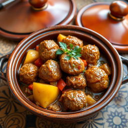 A beautifully arranged serving of a Moroccan tagine of köfte, featuring juicy meatballs cooked with potatoes, tomatoes, and onions