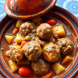 A beautifully arranged serving of a Moroccan tagine of köfte, featuring juicy meatballs cooked with potatoes, tomatoes, and onions