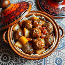 A beautifully arranged serving of a Moroccan tagine of köfte, featuring juicy meatballs cooked with potatoes, tomatoes, and onions