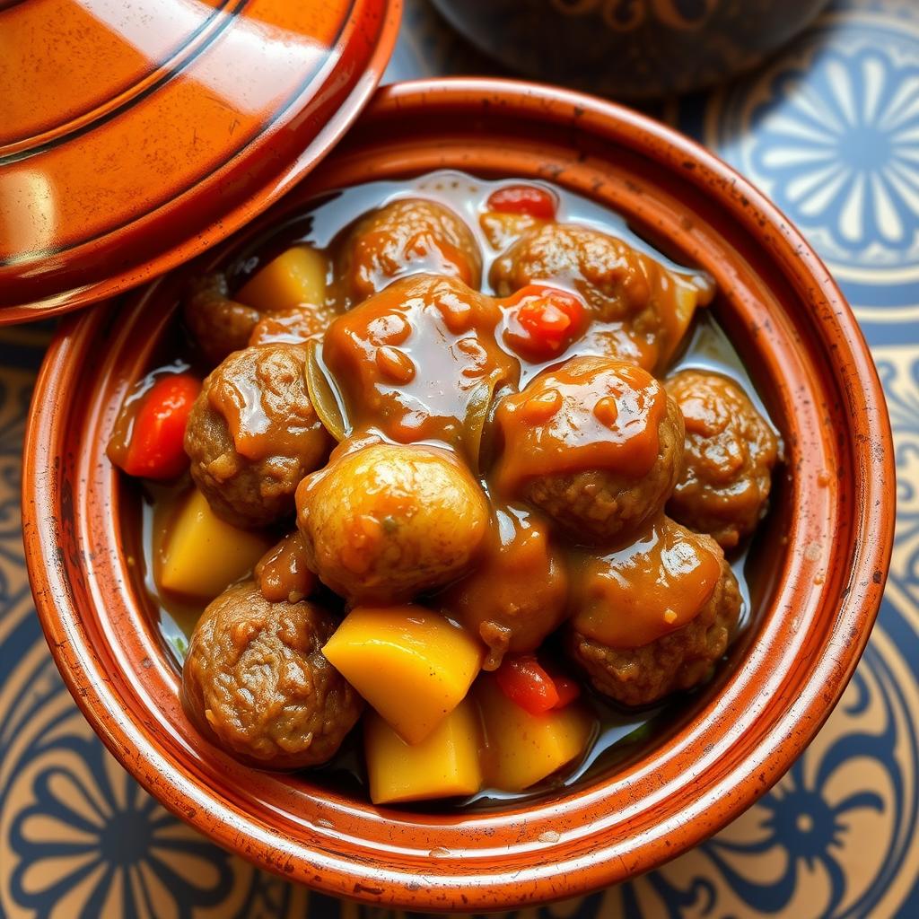 A beautifully arranged serving of a Moroccan tagine of köfte, featuring juicy meatballs cooked with potatoes, tomatoes, and onions