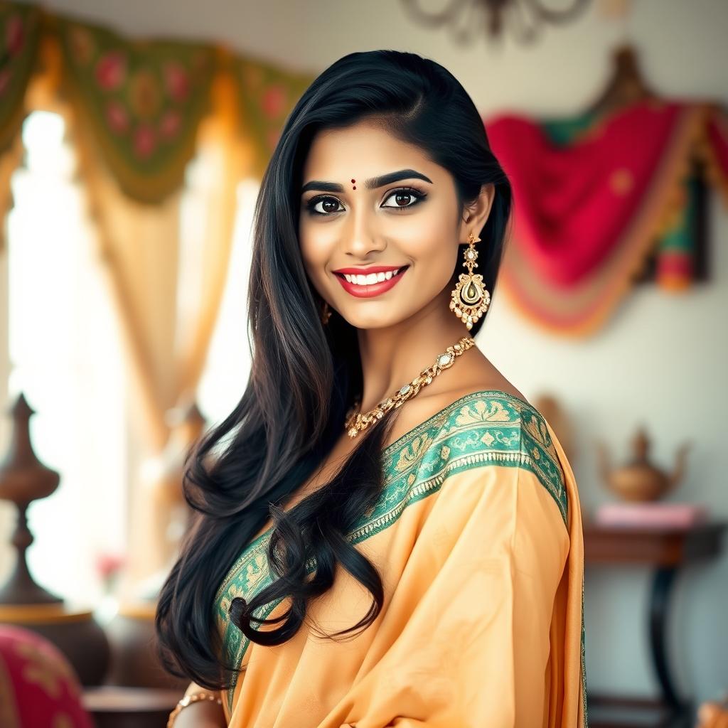 A beautiful Indian woman with a captivating smile and elegant traditional attire, standing confidently