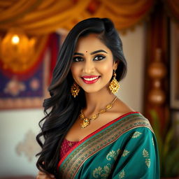 A beautiful Indian woman with a captivating smile and elegant traditional attire, standing confidently