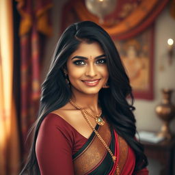 A beautiful Indian woman with a captivating smile and elegant traditional attire, standing confidently