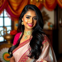 A beautiful Indian woman with a captivating smile and elegant traditional attire, standing confidently