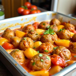 A beautifully arranged tray of cooked kofta featuring tender meatballs nestled among golden-brown potatoes, ripe tomatoes, and sautéed onions, all generously smothered in a rich tomato sauce