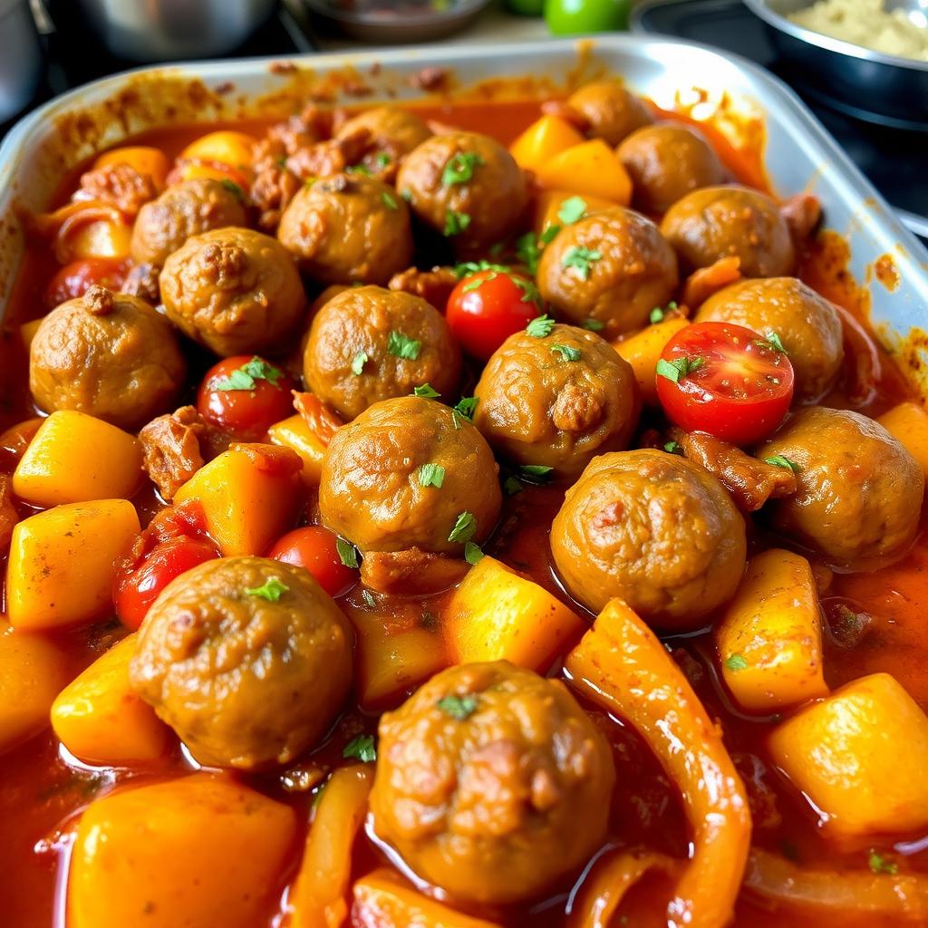 A beautifully arranged tray of cooked kofta featuring tender meatballs nestled among golden-brown potatoes, ripe tomatoes, and sautéed onions, all generously smothered in a rich tomato sauce