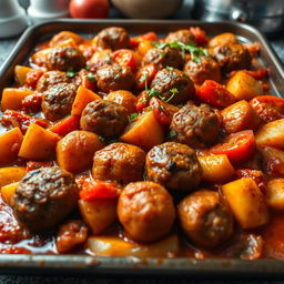 A beautifully arranged tray of cooked kofta featuring tender meatballs nestled among golden-brown potatoes, ripe tomatoes, and sautéed onions, all generously smothered in a rich tomato sauce
