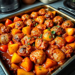 A beautifully arranged tray of cooked kofta featuring tender meatballs nestled among golden-brown potatoes, ripe tomatoes, and sautéed onions, all generously smothered in a rich tomato sauce