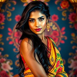 A stunning Indian woman exuding confidence and beauty, with long, flowing black hair and mesmerizing brown eyes