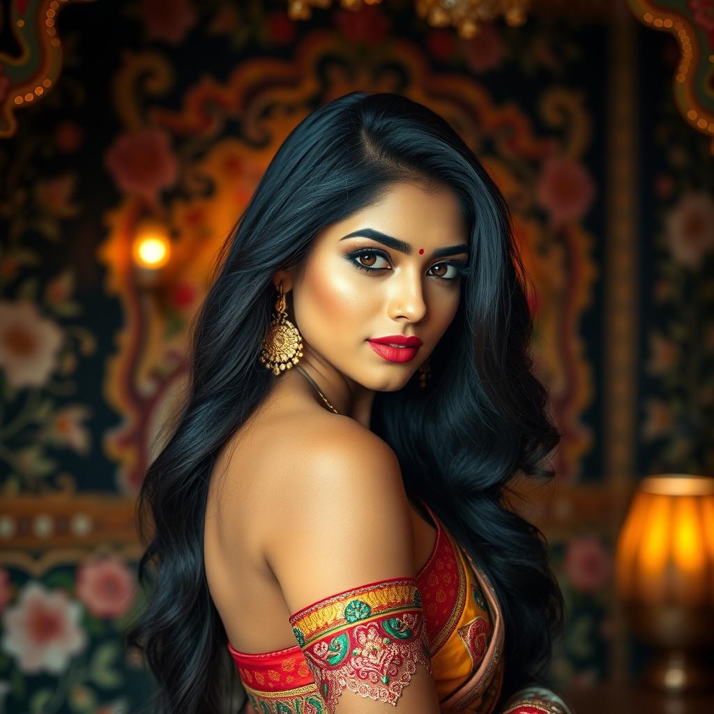 A stunning Indian woman exuding confidence and beauty, with long, flowing black hair and mesmerizing brown eyes
