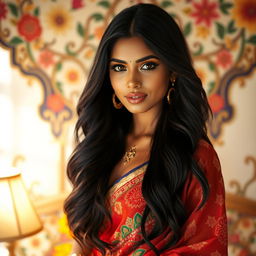 A stunning Indian woman exuding confidence and beauty, with long, flowing black hair and mesmerizing brown eyes