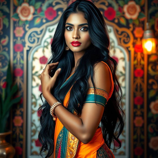 A stunning Indian woman exuding confidence and beauty, with long, flowing black hair and mesmerizing brown eyes