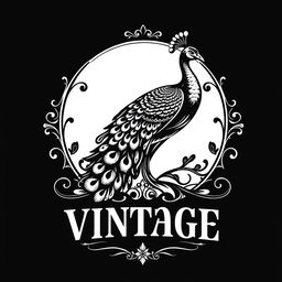 A logo design for a vintage brand featuring a stunning peacock, rendered in black and white