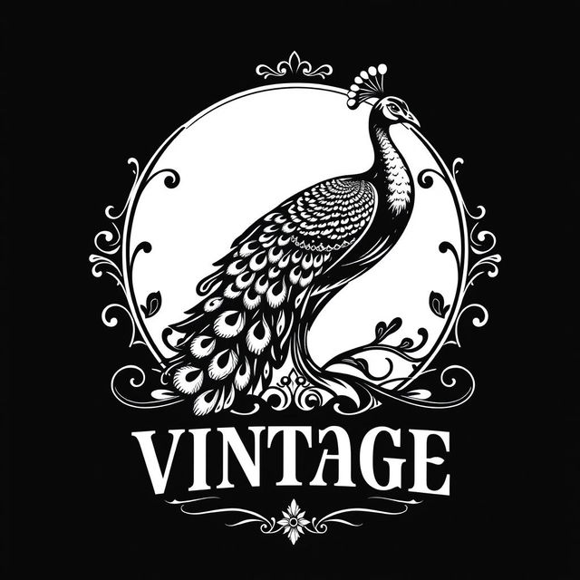 A logo design for a vintage brand featuring a stunning peacock, rendered in black and white