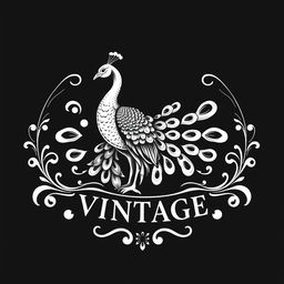 A logo design for a vintage brand featuring a stunning peacock, rendered in black and white