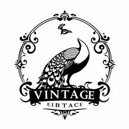 A logo design for a vintage brand featuring a stunning peacock, rendered in black and white