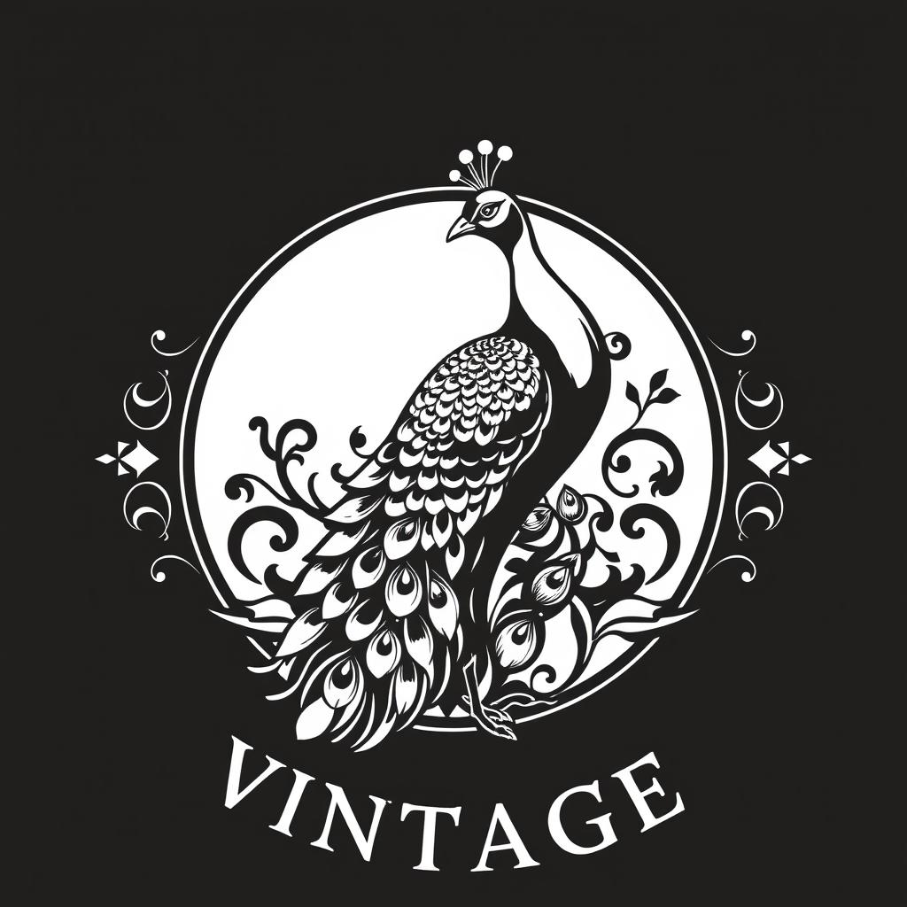A logo design for a vintage brand featuring a stunning peacock, rendered in black and white