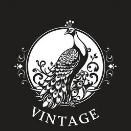 A logo design for a vintage brand featuring a stunning peacock, rendered in black and white