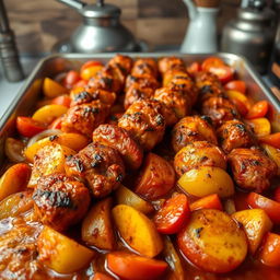 A delicious dish of cooked kebab served in a large baking tray, layered with slices of golden potatoes, ripe tomatoes, and onions, all generously covered in a rich, flavorful sauce
