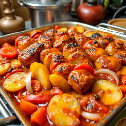 A delicious dish of cooked kebab served in a large baking tray, layered with slices of golden potatoes, ripe tomatoes, and onions, all generously covered in a rich, flavorful sauce