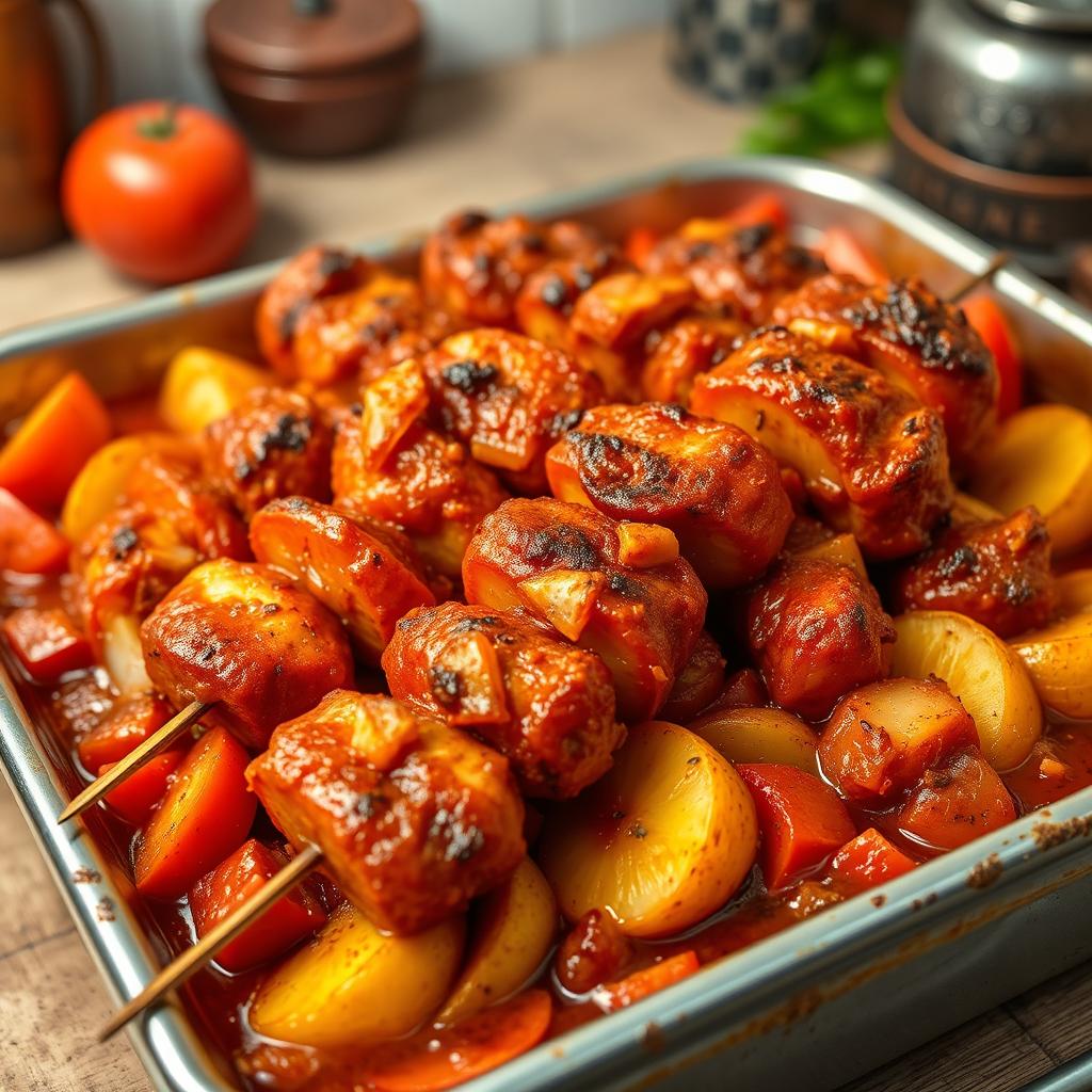 A delicious dish of cooked kebab served in a large baking tray, layered with slices of golden potatoes, ripe tomatoes, and onions, all generously covered in a rich, flavorful sauce