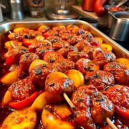 A delicious dish of cooked kebab served in a large baking tray, layered with slices of golden potatoes, ripe tomatoes, and onions, all generously covered in a rich, flavorful sauce