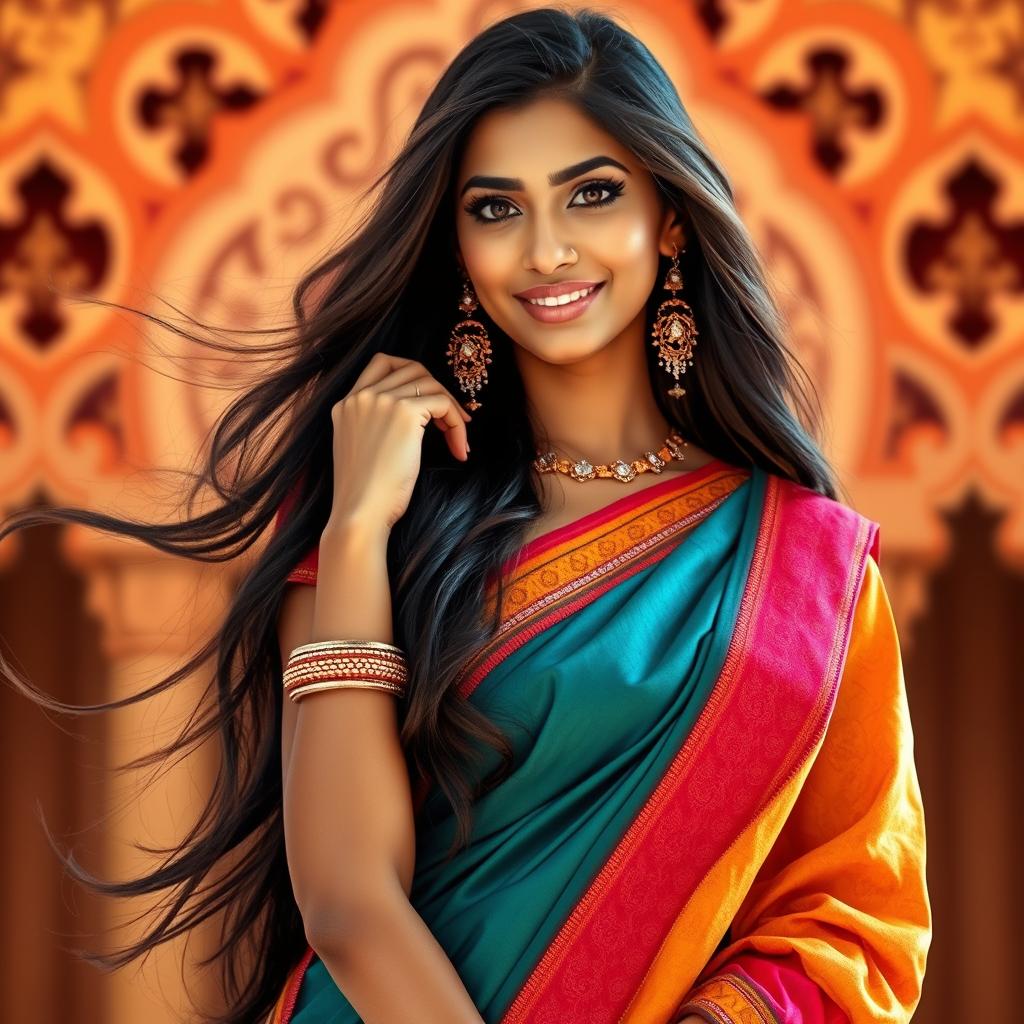 A beautiful Indian woman with striking features and long flowing hair, wearing a vibrant traditional sari that elegantly highlights her figure