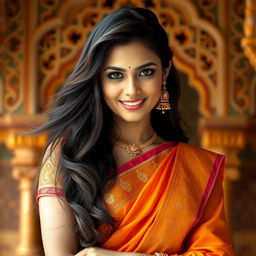 A beautiful Indian woman with striking features and long flowing hair, wearing a vibrant traditional sari that elegantly highlights her figure