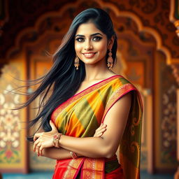 A beautiful Indian woman with striking features and long flowing hair, wearing a vibrant traditional sari that elegantly highlights her figure