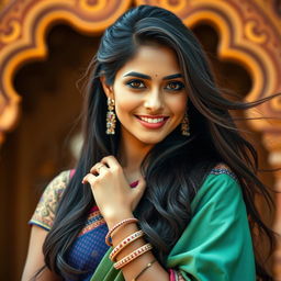 A beautiful Indian woman with striking features and long flowing hair, wearing a vibrant traditional sari that elegantly highlights her figure